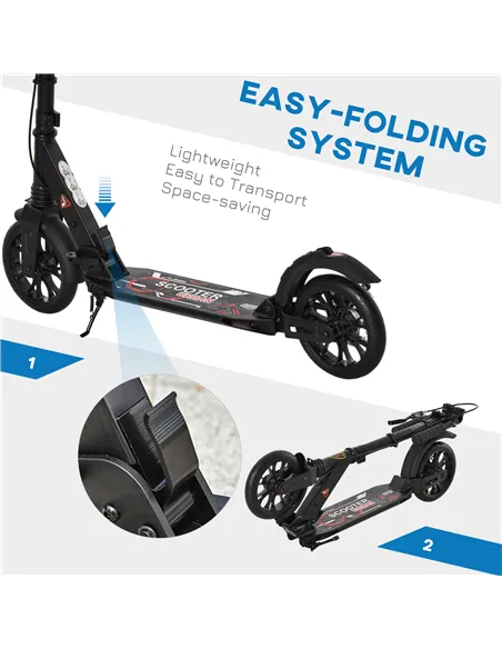 HOMCOM Adult Teens Kick Scooter Foldable Height Adjustable Aluminium Ride On Toy for 14+ w/ Rear Wheel & Hand Brake, 200mm Big W