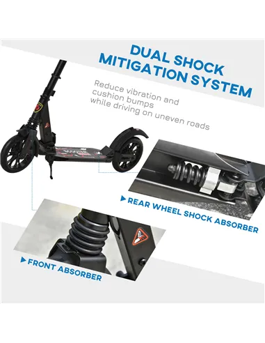 HOMCOM Adult Teens Kick Scooter Foldable Height Adjustable Aluminium Ride On Toy for 14+ w/ Rear Wheel & Hand Brake, 200mm Big W