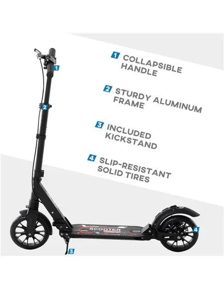 HOMCOM Adult Teens Kick Scooter Foldable Height Adjustable Aluminium Ride On Toy for 14+ w/ Rear Wheel & Hand Brake, 200mm Big W