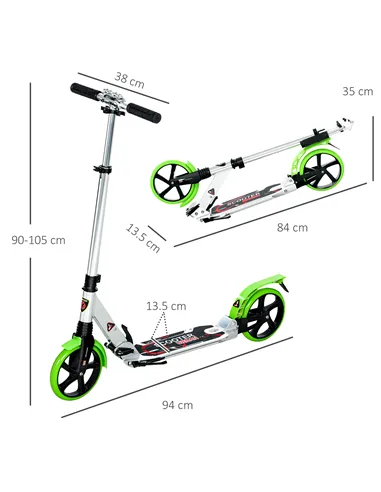 HOMCOM Folding Kick Scooter, Adjustable Ride On Scooter with 200mm Big Wheels and Double Shock Absorption, Urban Scooter for 14+