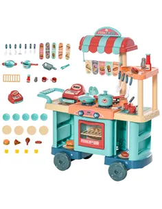 HOMCOM 50 Pcs Kids Kitchen Play set Fast Food Trolley Cart Pretend Playset Toys with Play Food Cashier Register Accessories Gift