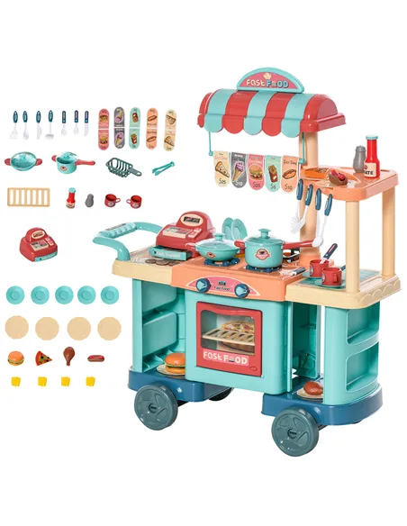 HOMCOM 50 Pcs Kids Kitchen Play set Fast Food Trolley Cart Pretend Playset Toys with Play Food Cashier Register Accessories Gift