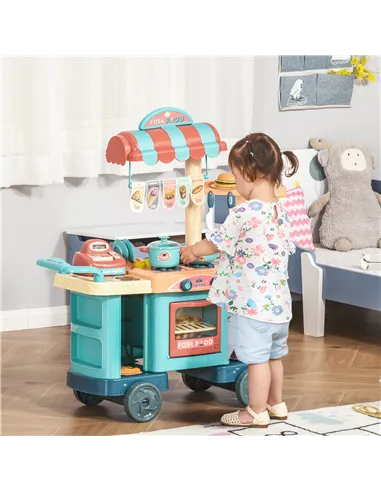 HOMCOM 50 Pcs Kids Kitchen Play set Fast Food Trolley Cart Pretend Playset Toys with Play Food Cashier Register Accessories Gift