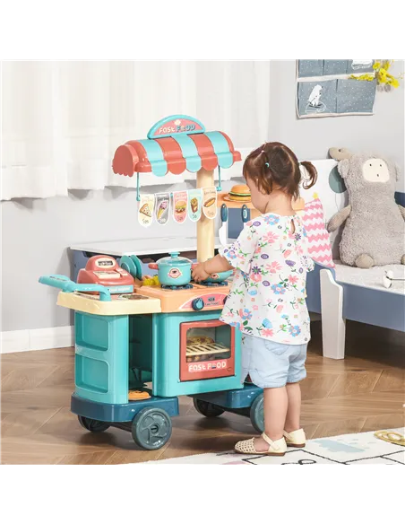 HOMCOM 50 Pcs Kids Kitchen Play set Fast Food Trolley Cart Pretend Playset Toys with Play Food Cashier Register Accessories Gift