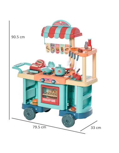 HOMCOM 50 Pcs Kids Kitchen Play set Fast Food Trolley Cart Pretend Playset Toys with Play Food Cashier Register Accessories Gift
