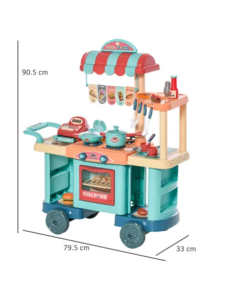 HOMCOM 50 Pcs Kids Kitchen Play set Fast Food Trolley Cart Pretend Playset Toys with Play Food Cashier Register Accessories Gift