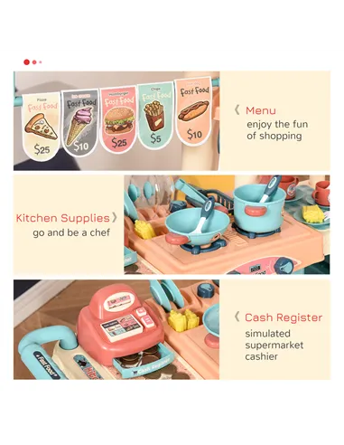 HOMCOM 50 Pcs Kids Kitchen Play set Fast Food Trolley Cart Pretend Playset Toys with Play Food Cashier Register Accessories Gift