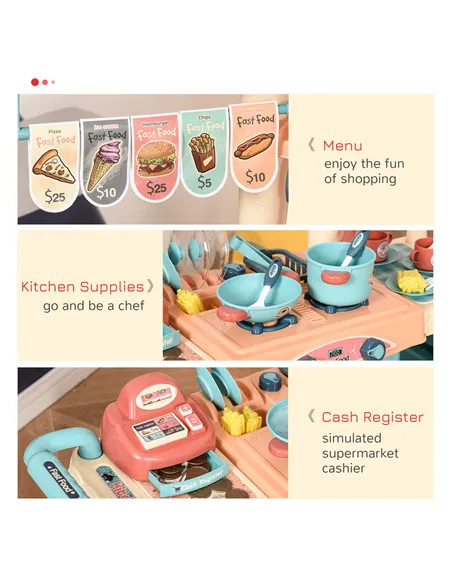 HOMCOM 50 Pcs Kids Kitchen Play set Fast Food Trolley Cart Pretend Playset Toys with Play Food Cashier Register Accessories Gift
