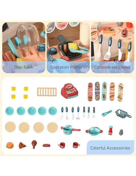 HOMCOM 50 Pcs Kids Kitchen Play set Fast Food Trolley Cart Pretend Playset Toys with Play Food Cashier Register Accessories Gift