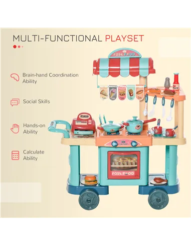 HOMCOM 50 Pcs Kids Kitchen Play set Fast Food Trolley Cart Pretend Playset Toys with Play Food Cashier Register Accessories Gift
