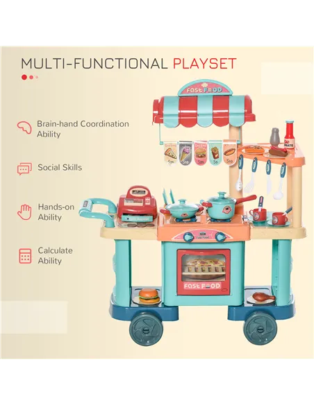 HOMCOM 50 Pcs Kids Kitchen Play set Fast Food Trolley Cart Pretend Playset Toys with Play Food Cashier Register Accessories Gift