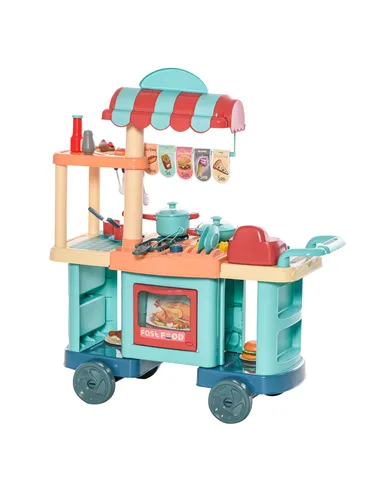 HOMCOM 50 Pcs Kids Kitchen Play set Fast Food Trolley Cart Pretend Playset Toys with Play Food Cashier Register Accessories Gift