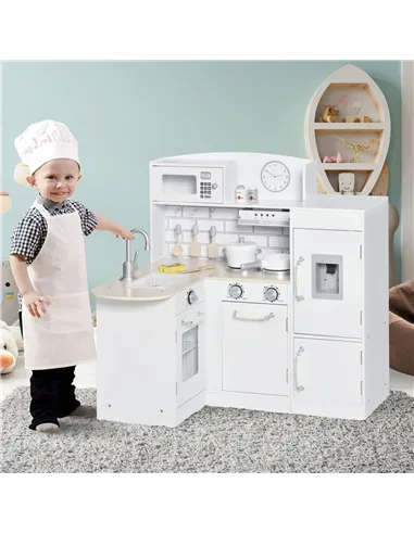 HOMCOM Kids Play Kitchen Wooden Toy Kitchen Cooking Set for Children with Drinking Fountain, Microwave, and Fridge White