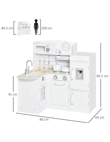 HOMCOM Kids Play Kitchen Wooden Toy Kitchen Cooking Set for Children with Drinking Fountain, Microwave, and Fridge White