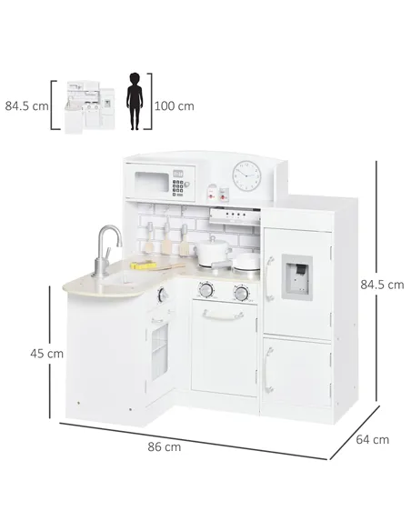HOMCOM Kids Play Kitchen Wooden Toy Kitchen Cooking Set for Children with Drinking Fountain, Microwave, and Fridge White