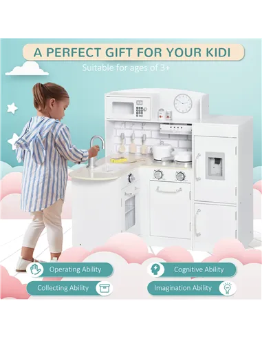 HOMCOM Kids Play Kitchen Wooden Toy Kitchen Cooking Set for Children with Drinking Fountain, Microwave, and Fridge White