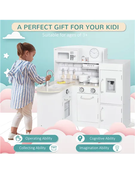 HOMCOM Kids Play Kitchen Wooden Toy Kitchen Cooking Set for Children with Drinking Fountain, Microwave, and Fridge White