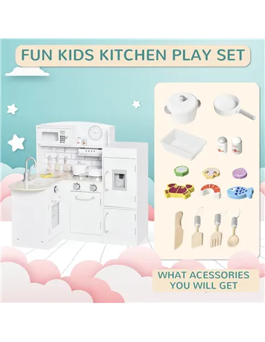 HOMCOM Kids Play Kitchen Wooden Toy Kitchen Cooking Set for Children with Drinking Fountain, Microwave, and Fridge White