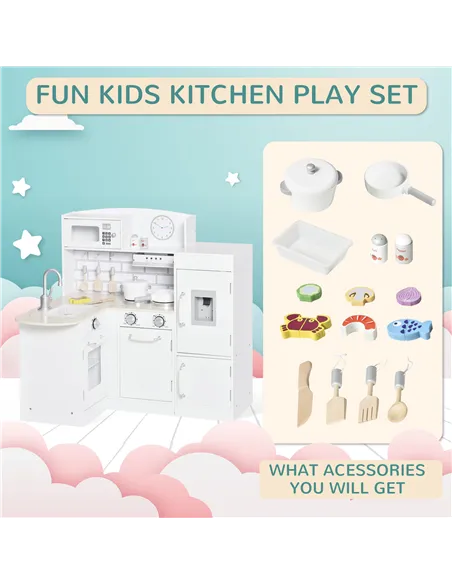 HOMCOM Kids Play Kitchen Wooden Toy Kitchen Cooking Set for Children with Drinking Fountain, Microwave, and Fridge White