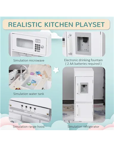 HOMCOM Kids Play Kitchen Wooden Toy Kitchen Cooking Set for Children with Drinking Fountain, Microwave, and Fridge White
