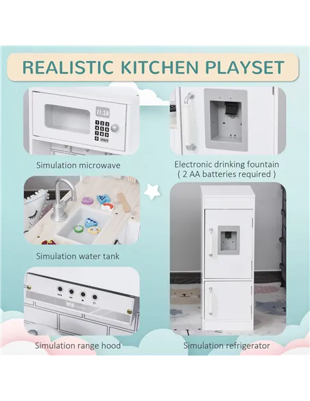 HOMCOM Kids Play Kitchen Wooden Toy Kitchen Cooking Set for Children with Drinking Fountain, Microwave, and Fridge White