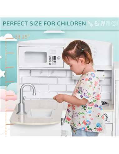 HOMCOM Kids Play Kitchen Wooden Toy Kitchen Cooking Set for Children with Drinking Fountain, Microwave, and Fridge White
