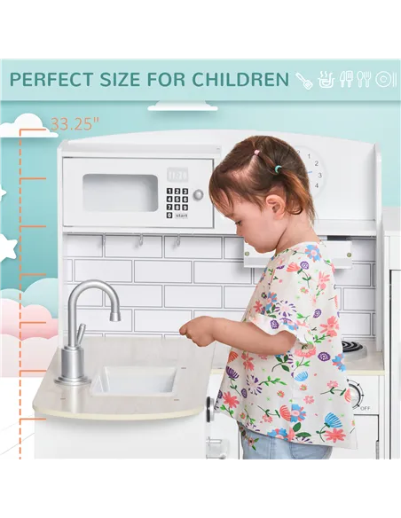 HOMCOM Kids Play Kitchen Wooden Toy Kitchen Cooking Set for Children with Drinking Fountain, Microwave, and Fridge White