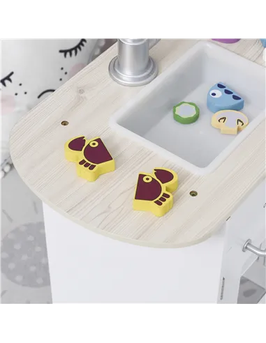 HOMCOM Kids Play Kitchen Wooden Toy Kitchen Cooking Set for Children with Drinking Fountain, Microwave, and Fridge White