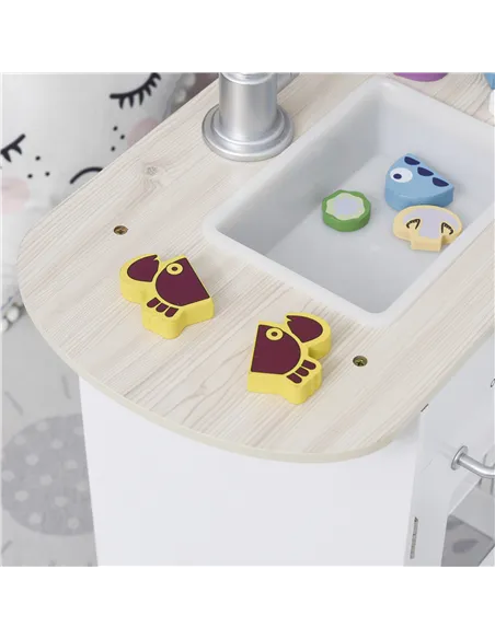 HOMCOM Kids Play Kitchen Wooden Toy Kitchen Cooking Set for Children with Drinking Fountain, Microwave, and Fridge White