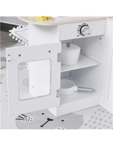 HOMCOM Kids Play Kitchen Wooden Toy Kitchen Cooking Set for Children with Drinking Fountain, Microwave, and Fridge White