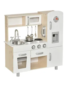 HOMCOM Kids Wooden Pretend Play Toy Kitchen Cooking Set Role Play Phone for Boys Girls White