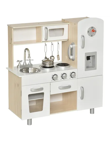 HOMCOM Kids Wooden Pretend Play Toy Kitchen Cooking Set Role Play Phone for Boys Girls White