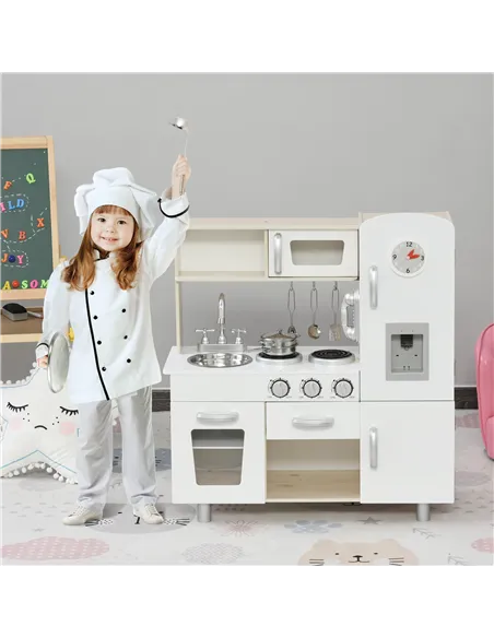 HOMCOM Kids Wooden Pretend Play Toy Kitchen Cooking Set Role Play Phone for Boys Girls White