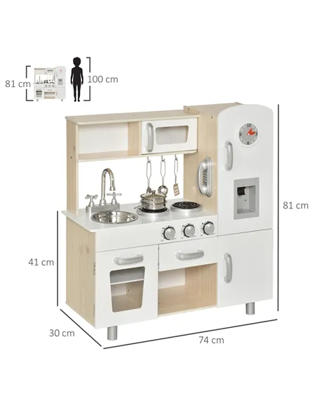 HOMCOM Kids Wooden Pretend Play Toy Kitchen Cooking Set Role Play Phone for Boys Girls White