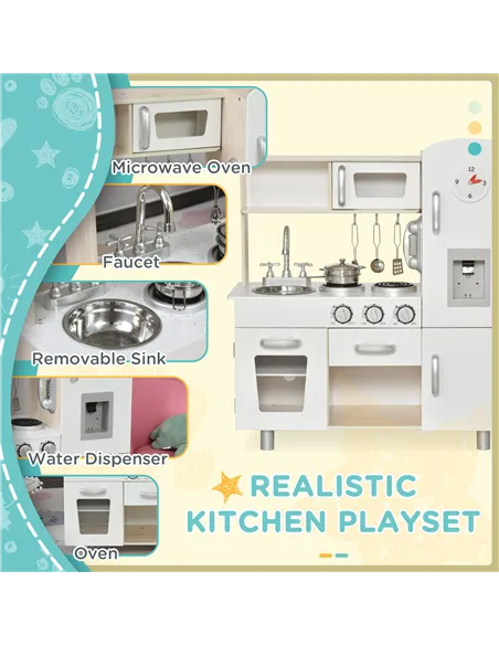 HOMCOM Kids Wooden Pretend Play Toy Kitchen Cooking Set Role Play Phone for Boys Girls White