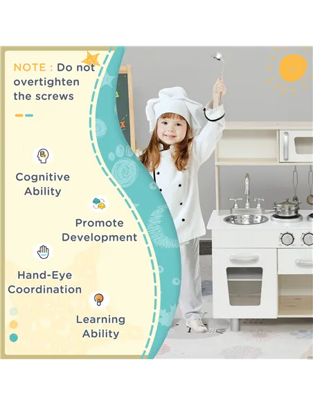 HOMCOM Kids Wooden Pretend Play Toy Kitchen Cooking Set Role Play Phone for Boys Girls White