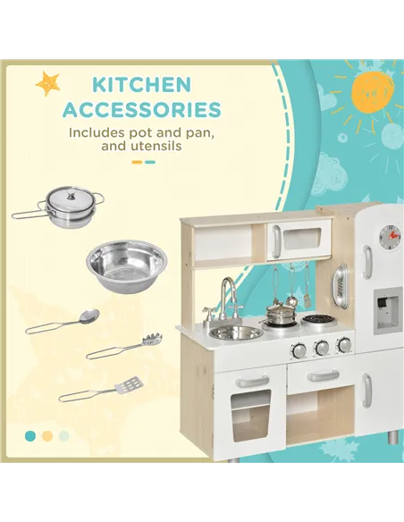 HOMCOM Kids Wooden Pretend Play Toy Kitchen Cooking Set Role Play Phone for Boys Girls White