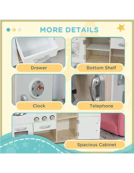 HOMCOM Kids Wooden Pretend Play Toy Kitchen Cooking Set Role Play Phone for Boys Girls White