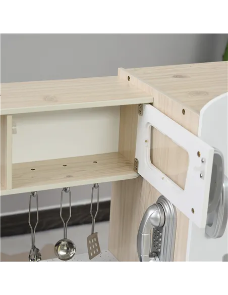 HOMCOM Kids Wooden Pretend Play Toy Kitchen Cooking Set Role Play Phone for Boys Girls White