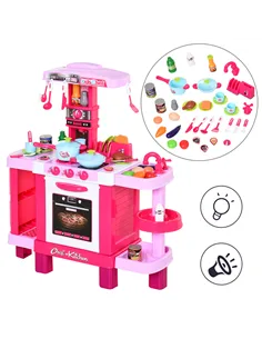 HOMCOM 38 Pcs Kids Children Kitchen Play Set w/ Realistic Sounds Lights Food Utensils Pots Pans Appliances Toy Game Pink
