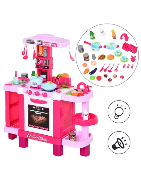 HOMCOM 38 Pcs Kids Children Kitchen Play Set w/ Realistic Sounds Lights Food Utensils Pots Pans Appliances Toy Game Pink