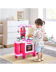 HOMCOM 38 Pcs Kids Children Kitchen Play Set w/ Realistic Sounds Lights Food Utensils Pots Pans Appliances Toy Game Pink 2