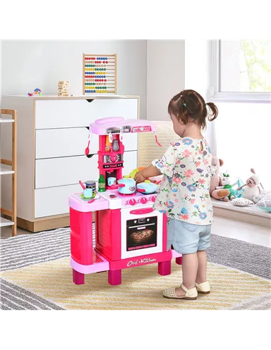 HOMCOM 38 Pcs Kids Children Kitchen Play Set w/ Realistic Sounds Lights Food Utensils Pots Pans Appliances Toy Game Pink