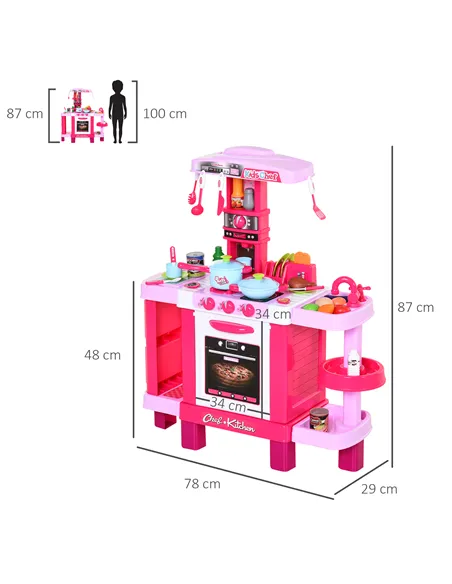 HOMCOM 38 Pcs Kids Children Kitchen Play Set w/ Realistic Sounds Lights Food Utensils Pots Pans Appliances Toy Game Pink