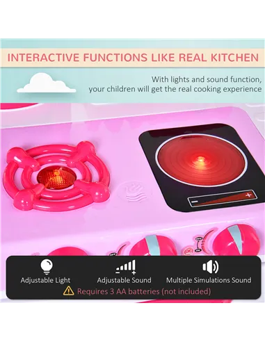 HOMCOM 38 Pcs Kids Children Kitchen Play Set w/ Realistic Sounds Lights Food Utensils Pots Pans Appliances Toy Game Pink