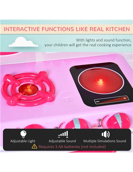 HOMCOM 38 Pcs Kids Children Kitchen Play Set w/ Realistic Sounds Lights Food Utensils Pots Pans Appliances Toy Game Pink