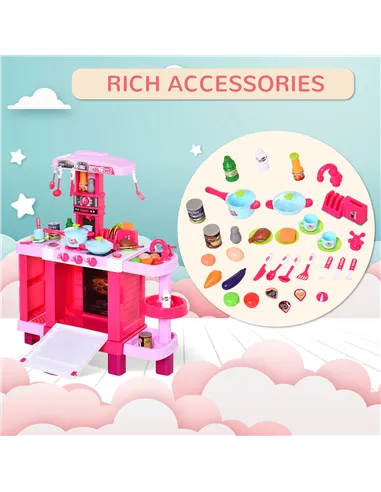 HOMCOM 38 Pcs Kids Children Kitchen Play Set w/ Realistic Sounds Lights Food Utensils Pots Pans Appliances Toy Game Pink