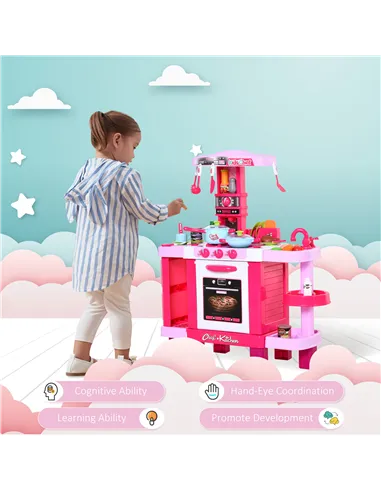 HOMCOM 38 Pcs Kids Children Kitchen Play Set w/ Realistic Sounds Lights Food Utensils Pots Pans Appliances Toy Game Pink