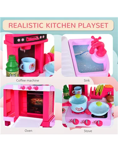 HOMCOM 38 Pcs Kids Children Kitchen Play Set w/ Realistic Sounds Lights Food Utensils Pots Pans Appliances Toy Game Pink