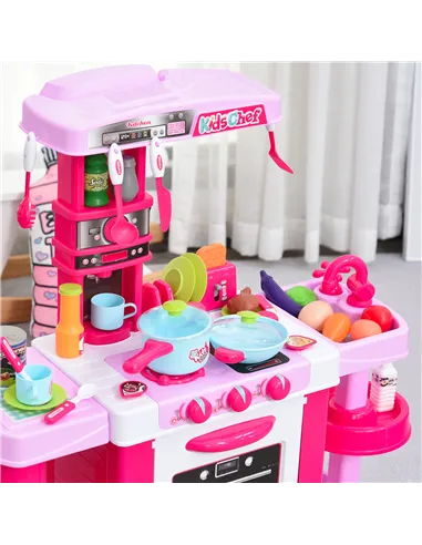 HOMCOM 38 Pcs Kids Children Kitchen Play Set w/ Realistic Sounds Lights Food Utensils Pots Pans Appliances Toy Game Pink